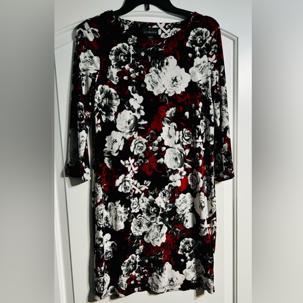 Covington Floral Sheath Dress S Black Red White 3/4 Sleeve Gothic Whimsigoth